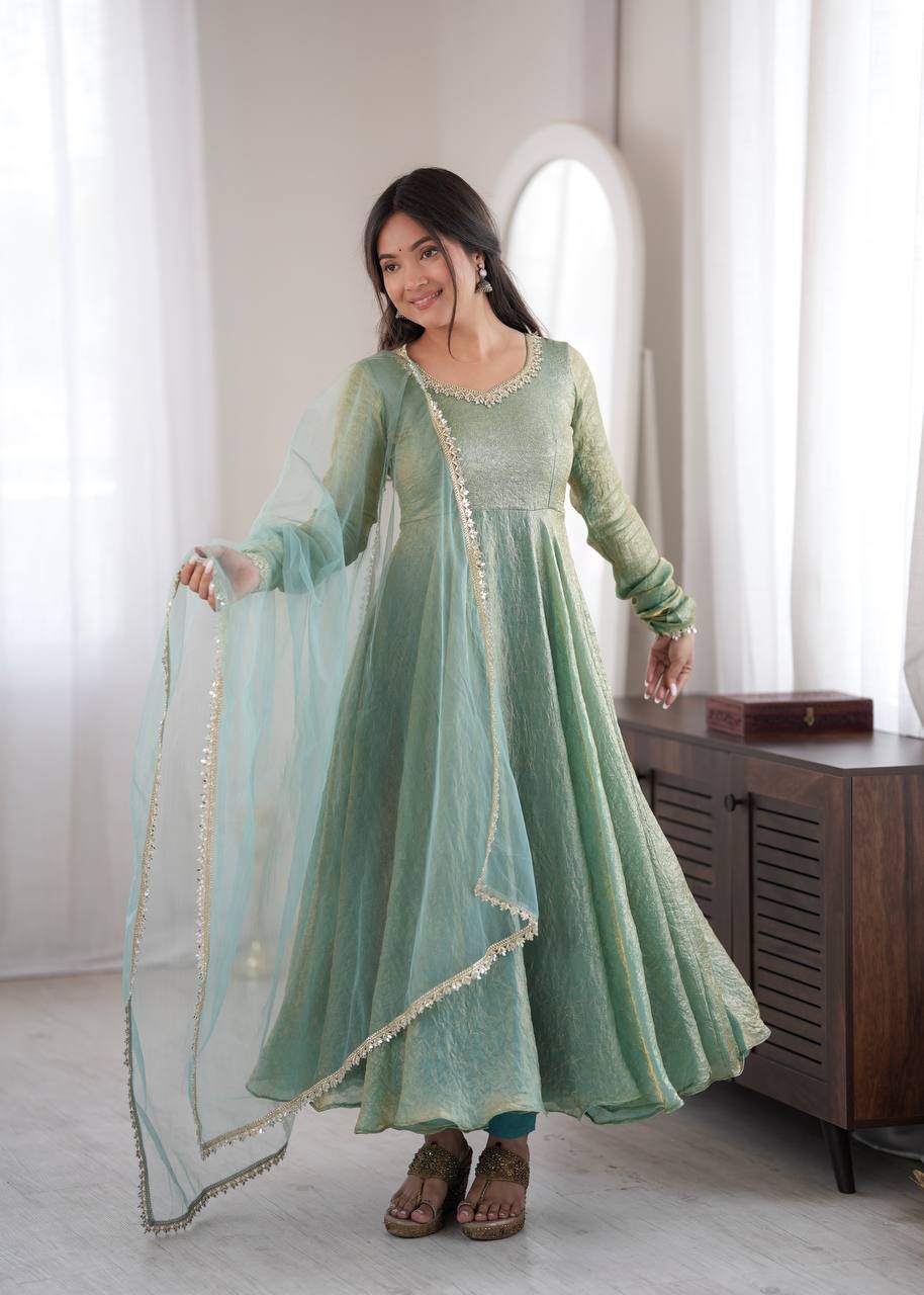 Sage Green Doremon Crush Gown Set with Real Mirror Work Lace & Net Dupatta