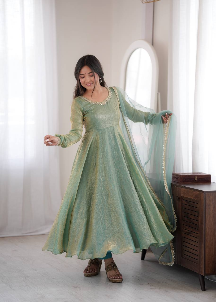 Sage Green Doremon Crush Gown Set with Real Mirror Work Lace & Net Dupatta