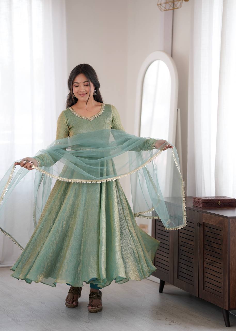 Sage Green Doremon Crush Gown Set with Real Mirror Work Lace & Net Dupatta
