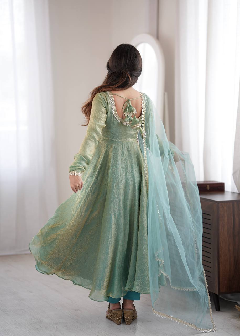 Sage Green Doremon Crush Gown Set with Real Mirror Work Lace & Net Dupatta