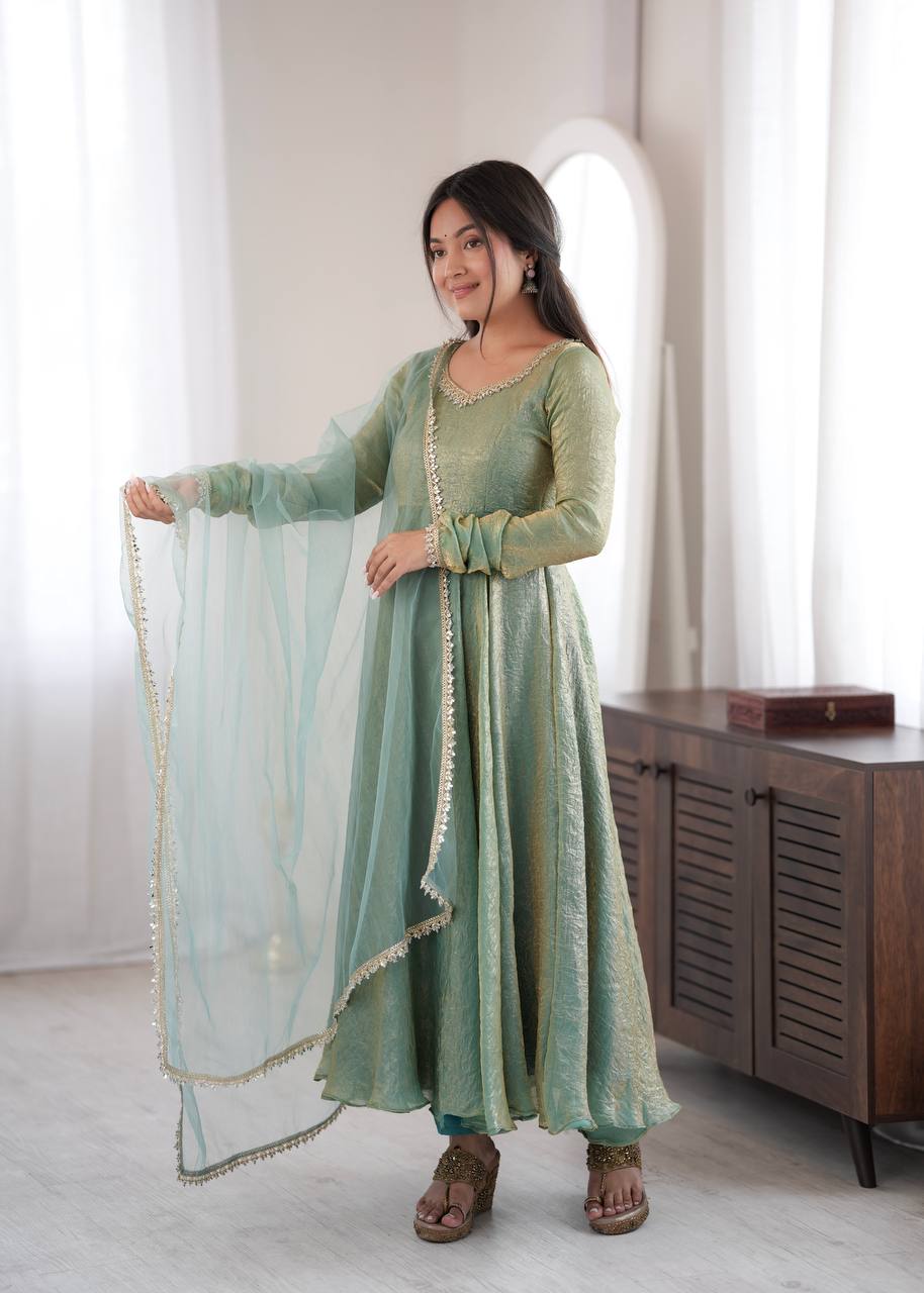 Sage Green Doremon Crush Gown Set with Real Mirror Work Lace & Net Dupatta