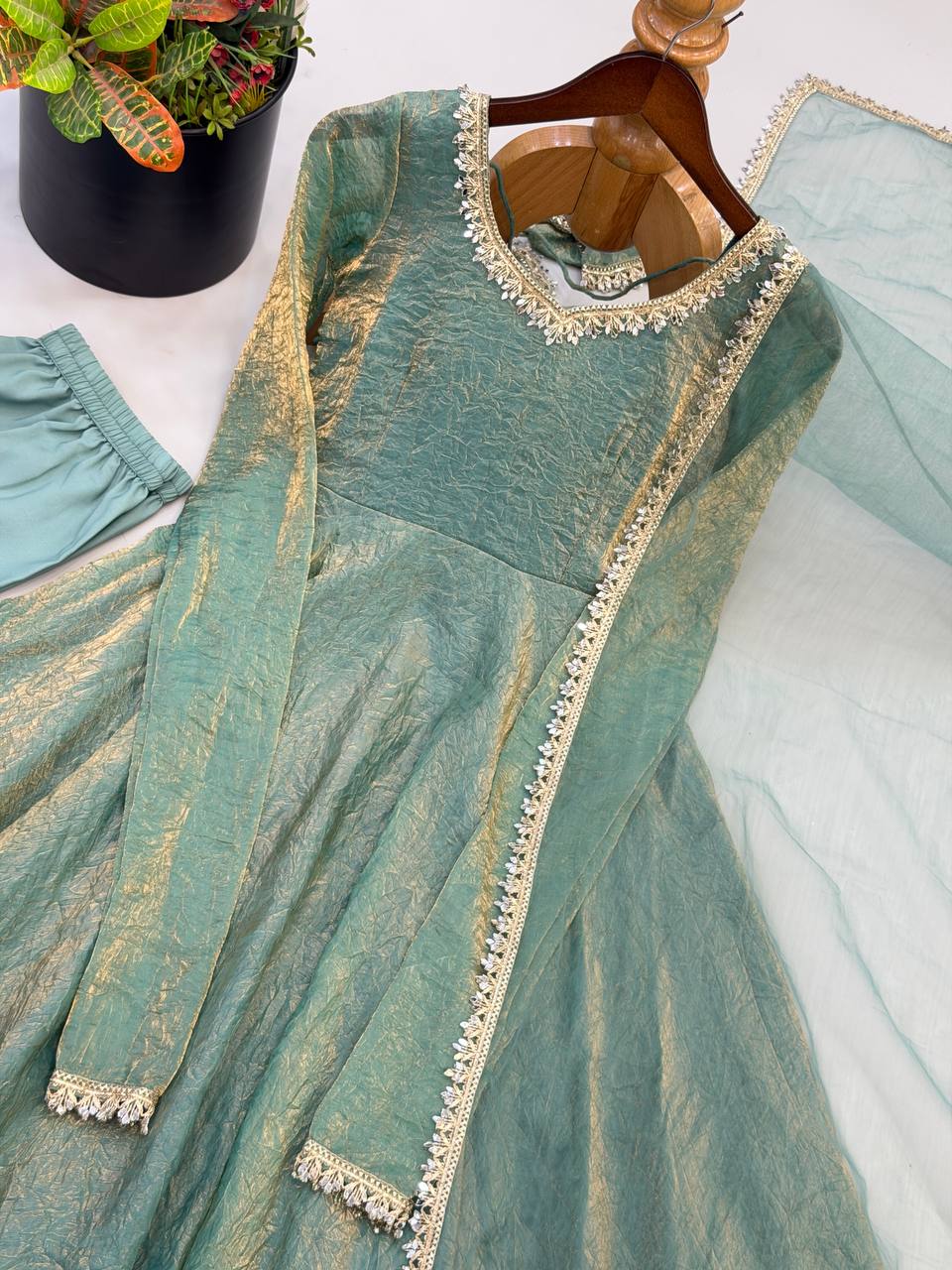 Sage Green Doremon Crush Gown Set with Real Mirror Work Lace & Net Dupatta