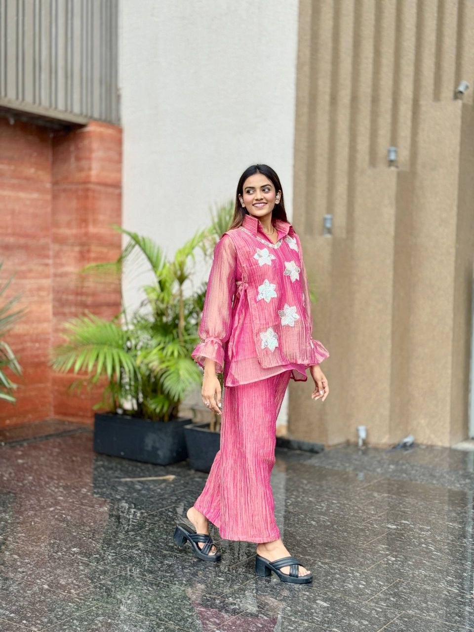 Pink Rich Salsa Embroidered Co-Ord Set with Designer Palazzo