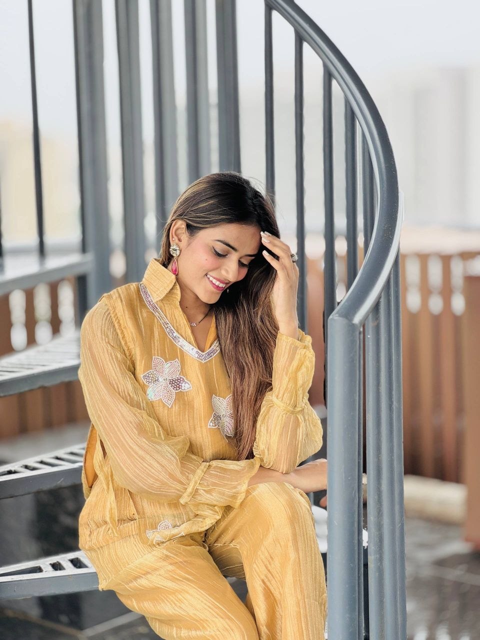 Mustard Yellow Rich Salsa Embroidered Co-Ord Set with Designer Palazzo