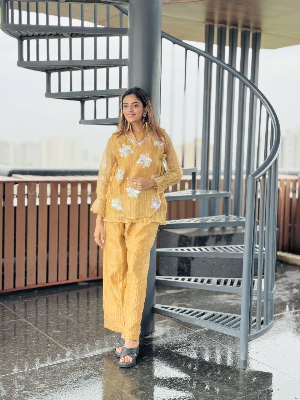 Mustard Yellow Rich Salsa Embroidered Co-Ord Set with Designer Palazzo