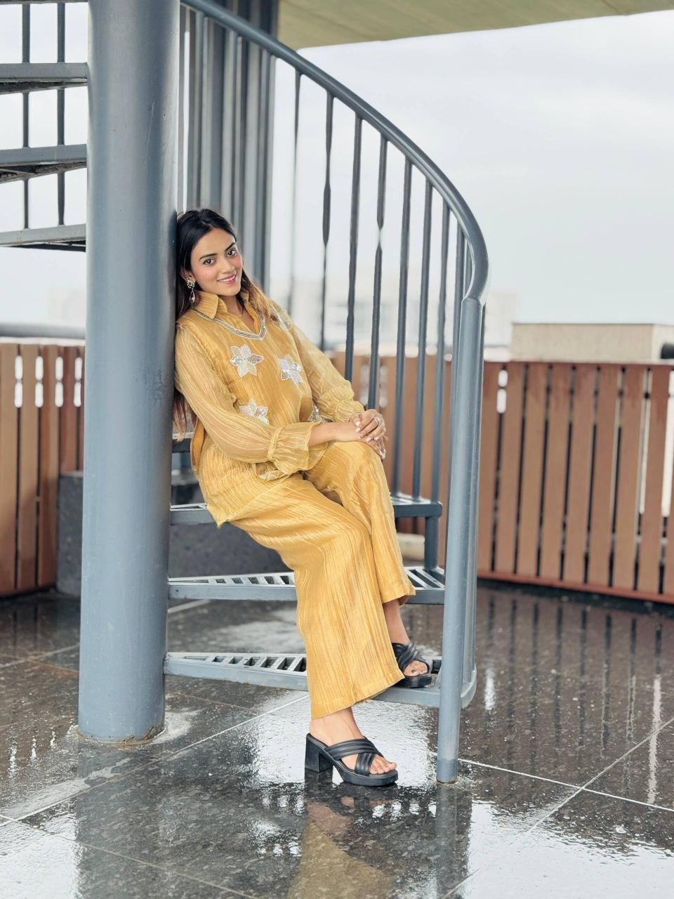 Mustard Yellow Rich Salsa Embroidered Co-Ord Set with Designer Palazzo