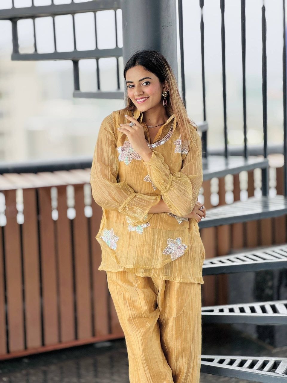 Mustard Yellow Rich Salsa Embroidered Co-Ord Set with Designer Palazzo