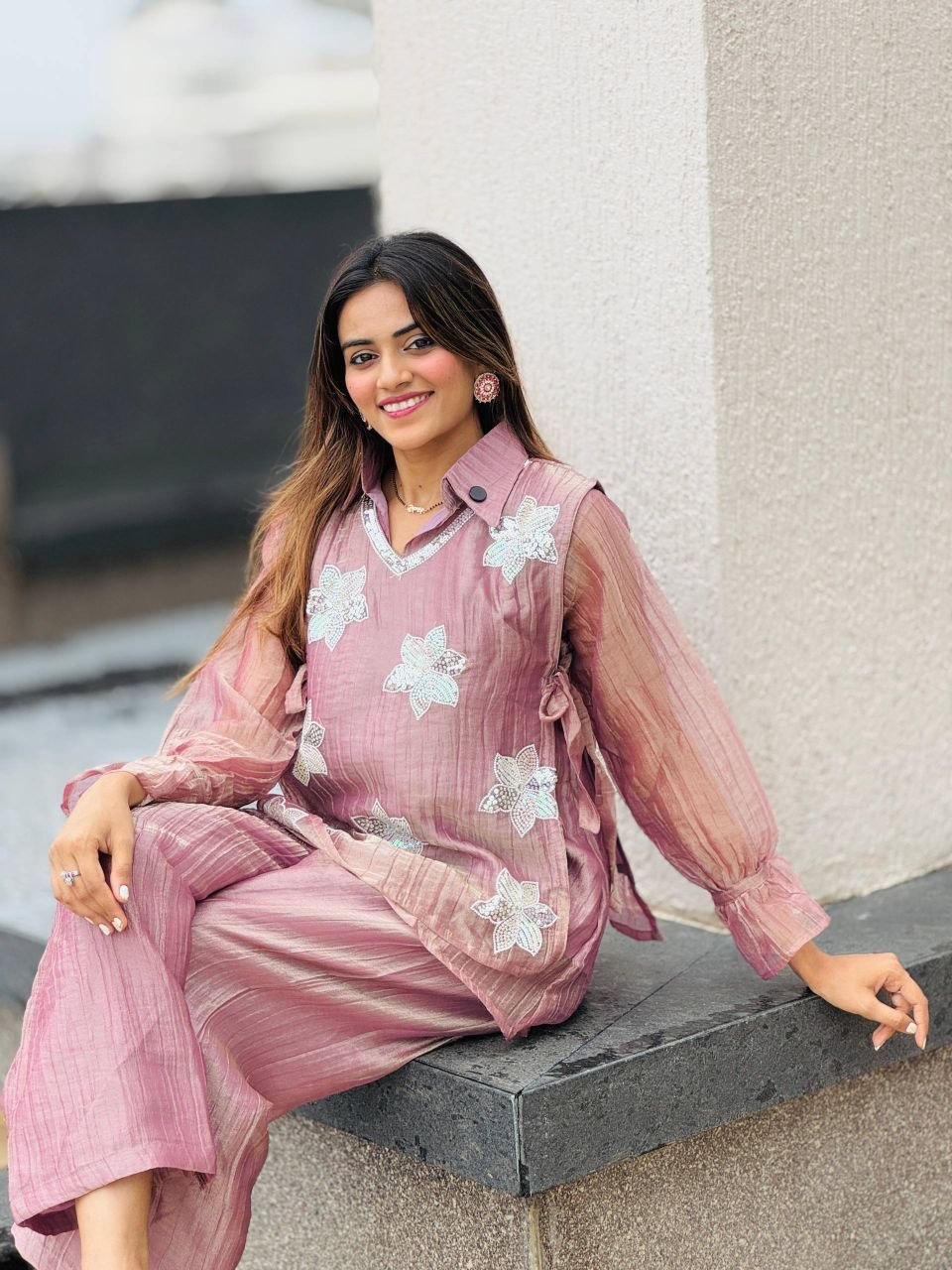 Dusty Rose Pink Rich Salsa Embroidered Co-Ord Set with Designer Palazzo