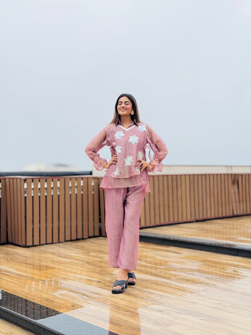 Dusty Rose Pink Rich Salsa Embroidered Co-Ord Set with Designer Palazzo