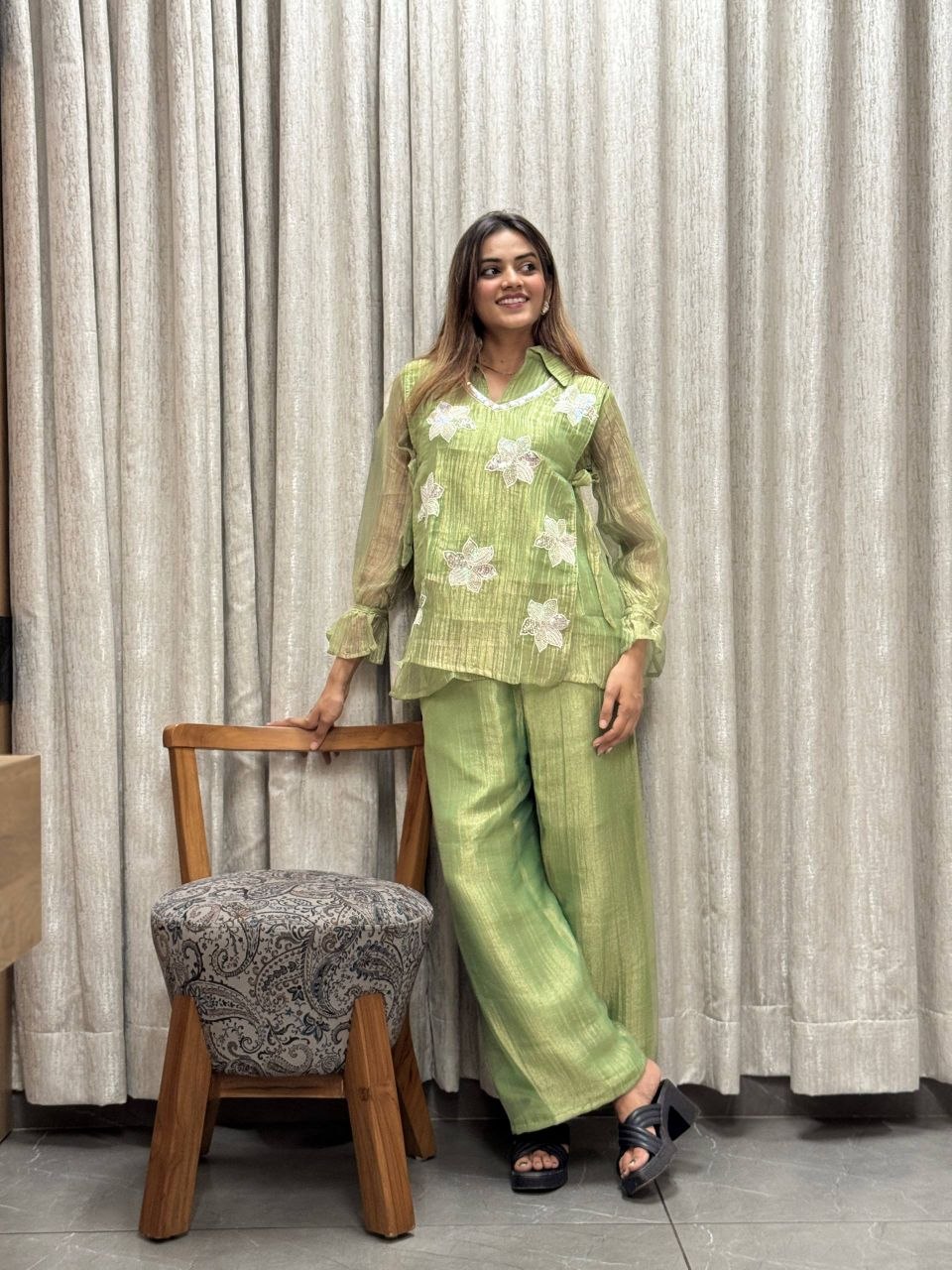 Pistachio Green Rich Salsa Embroidered Co-Ord Set with Designer Palazzo