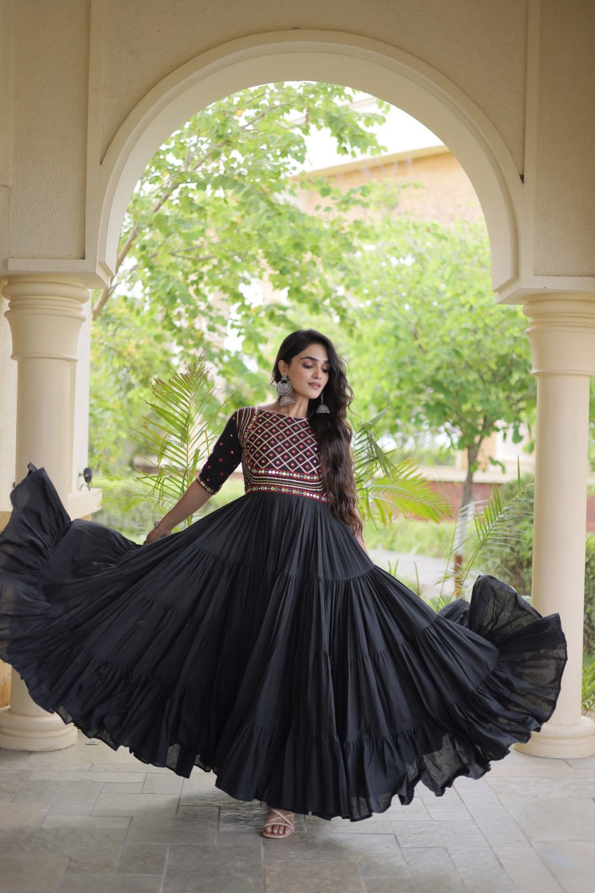 Black Kora Cotton Multi-Thread Embroidered Gota Patti Mirror Work Navratri Gown