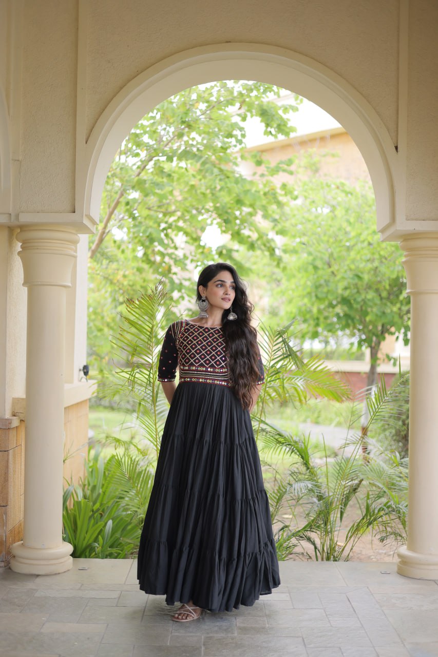 Black Kora Cotton Multi-Thread Embroidered Gota Patti Mirror Work Navratri Gown