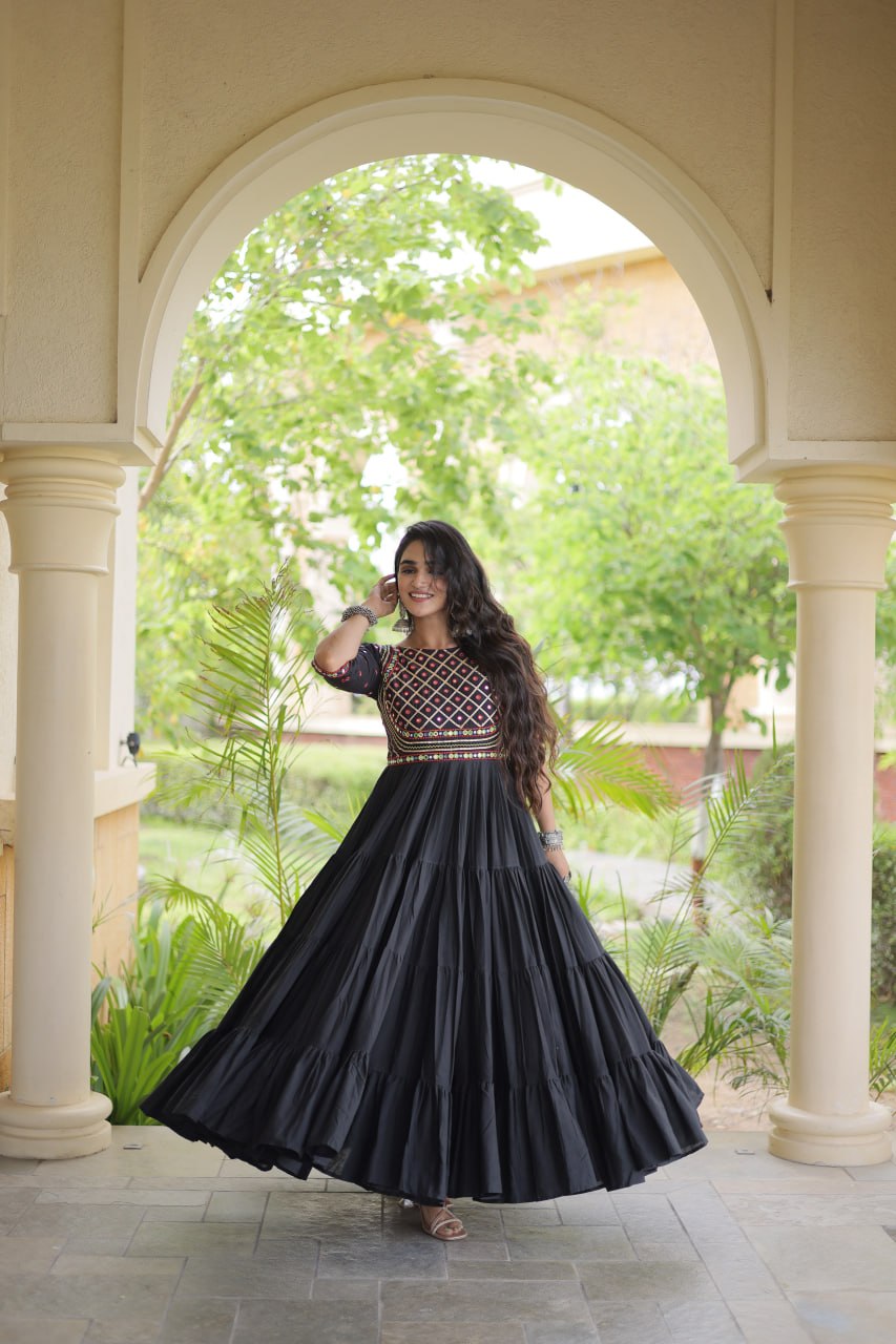 Black Kora Cotton Multi-Thread Embroidered Gota Patti Mirror Work Navratri Gown