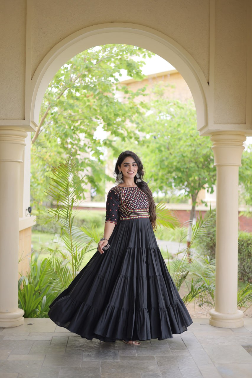 Black Kora Cotton Multi-Thread Embroidered Gota Patti Mirror Work Navratri Gown