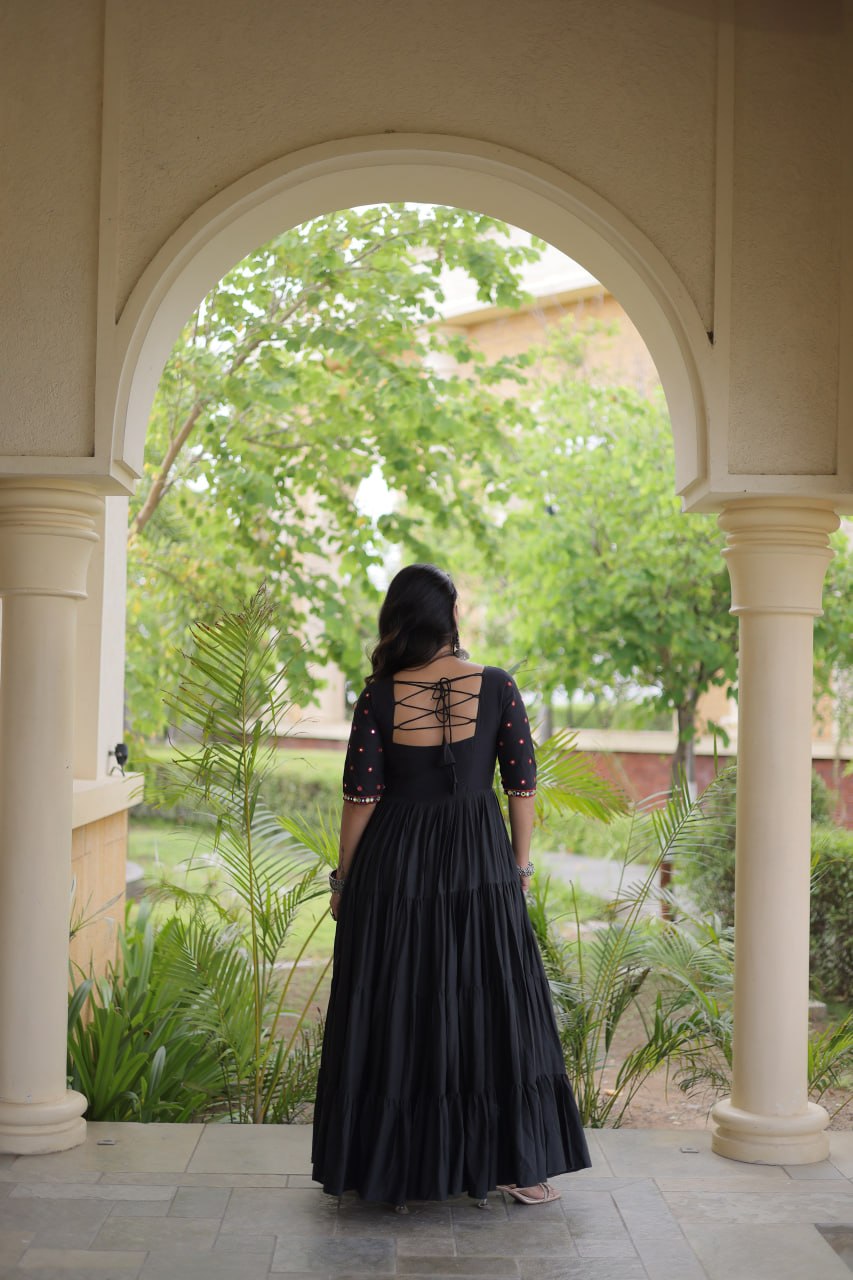 Black Kora Cotton Multi-Thread Embroidered Gota Patti Mirror Work Navratri Gown