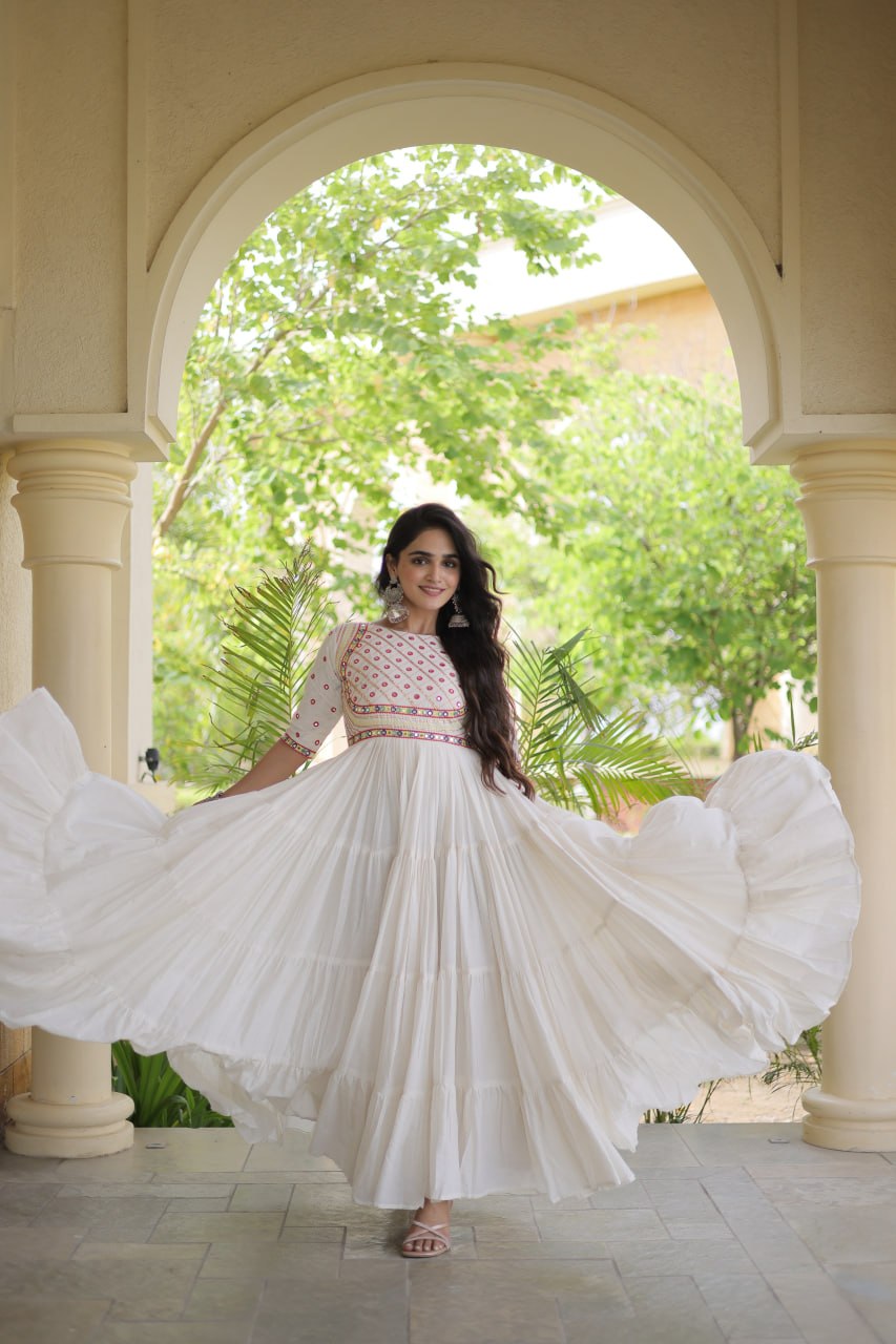 Off-White Kora Cotton Multi-Thread Embroidered Gota Patti Mirror Work Navratri Gown
