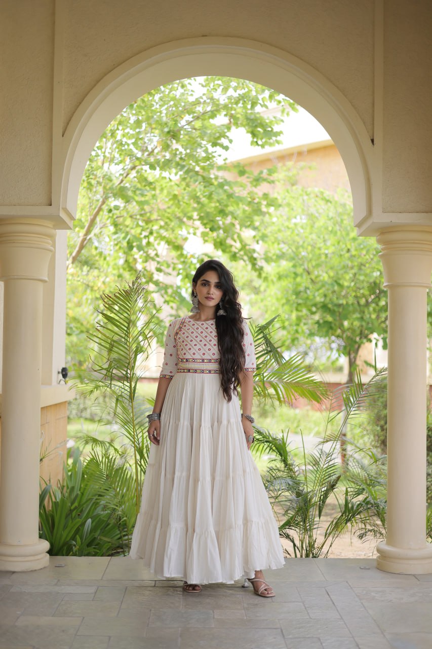 Off-White Kora Cotton Multi-Thread Embroidered Gota Patti Mirror Work Navratri Gown