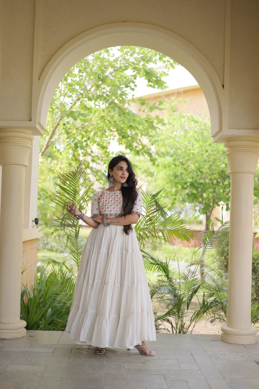 Off-White Kora Cotton Multi-Thread Embroidered Gota Patti Mirror Work Navratri Gown