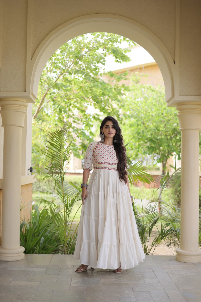 Off-White Kora Cotton Multi-Thread Embroidered Gota Patti Mirror Work Navratri Gown