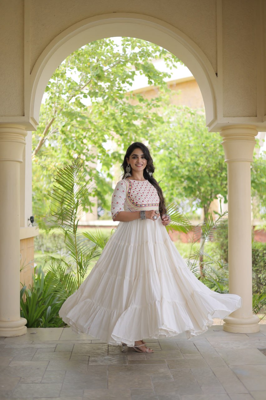 Off-White Kora Cotton Multi-Thread Embroidered Gota Patti Mirror Work Navratri Gown