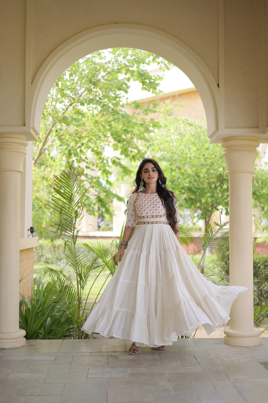 Off-White Kora Cotton Multi-Thread Embroidered Gota Patti Mirror Work Navratri Gown