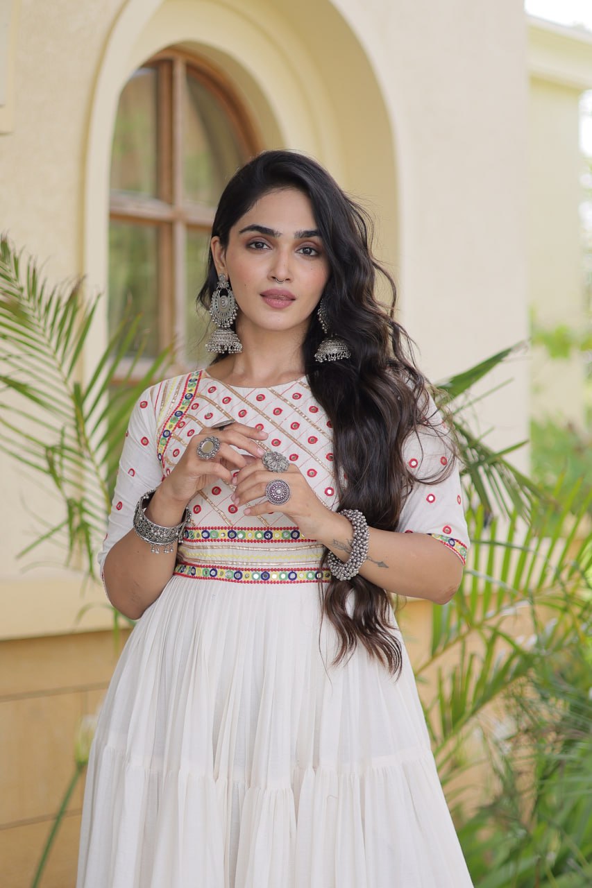Off-White Kora Cotton Multi-Thread Embroidered Gota Patti Mirror Work Navratri Gown