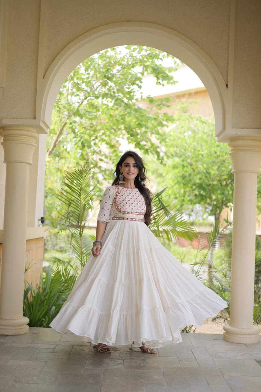 Off-White Kora Cotton Multi-Thread Embroidered Gota Patti Mirror Work Navratri Gown