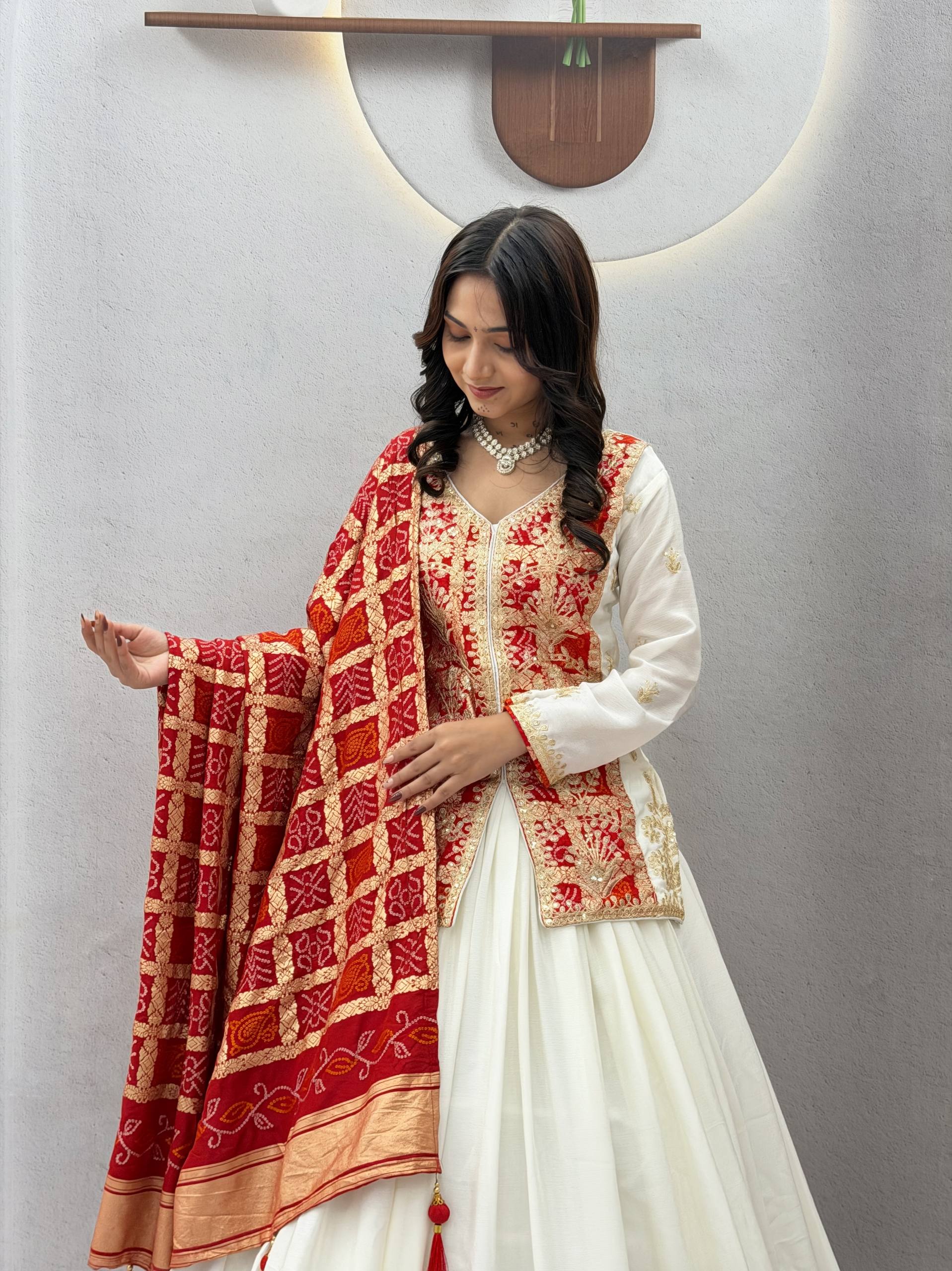 Ivory White & Red Embroidered Chinon Silk Lehenga Choli Set with Zecard Dupatta