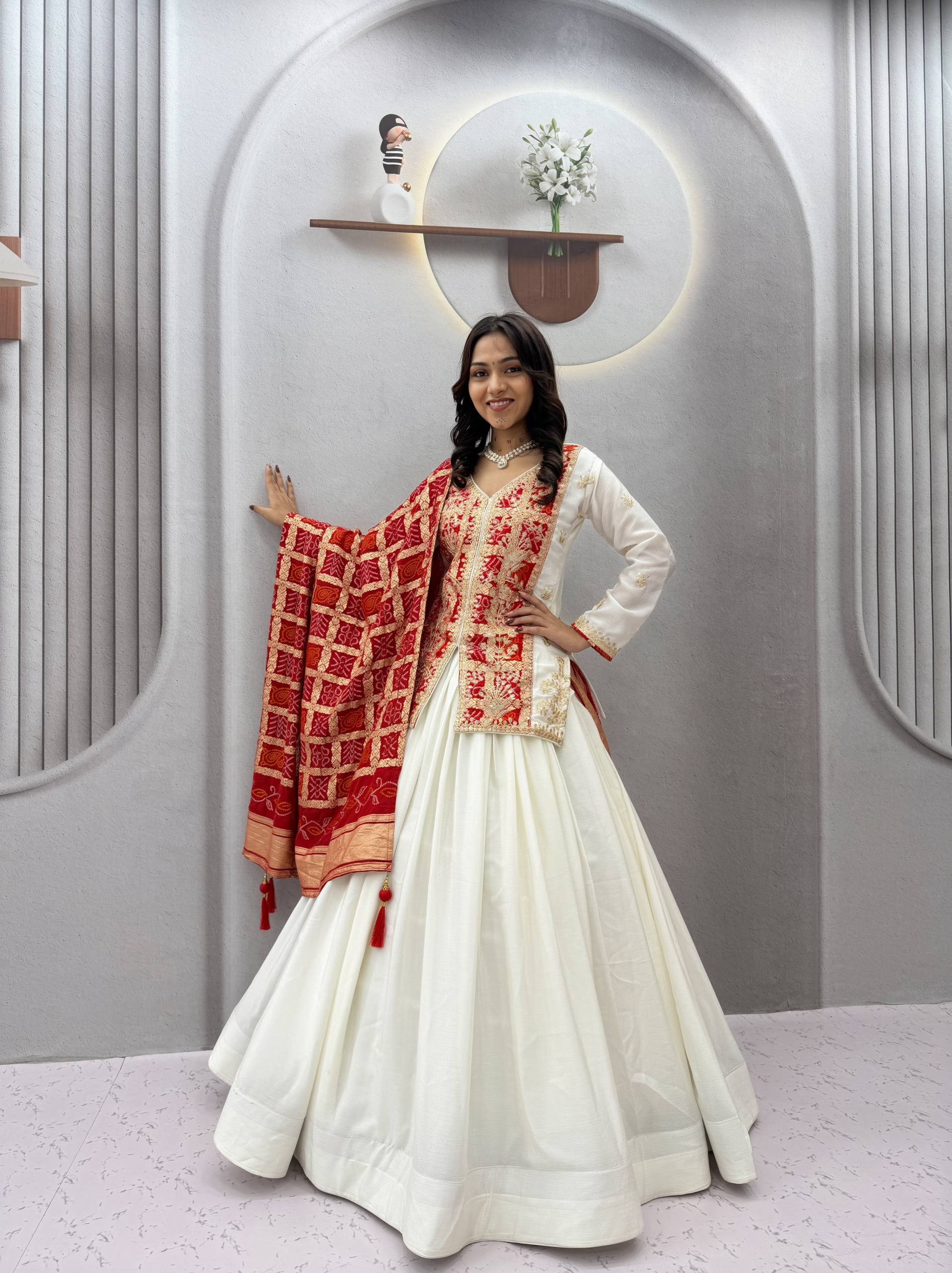 Ivory White & Red Embroidered Chinon Silk Lehenga Choli Set with Zecard Dupatta