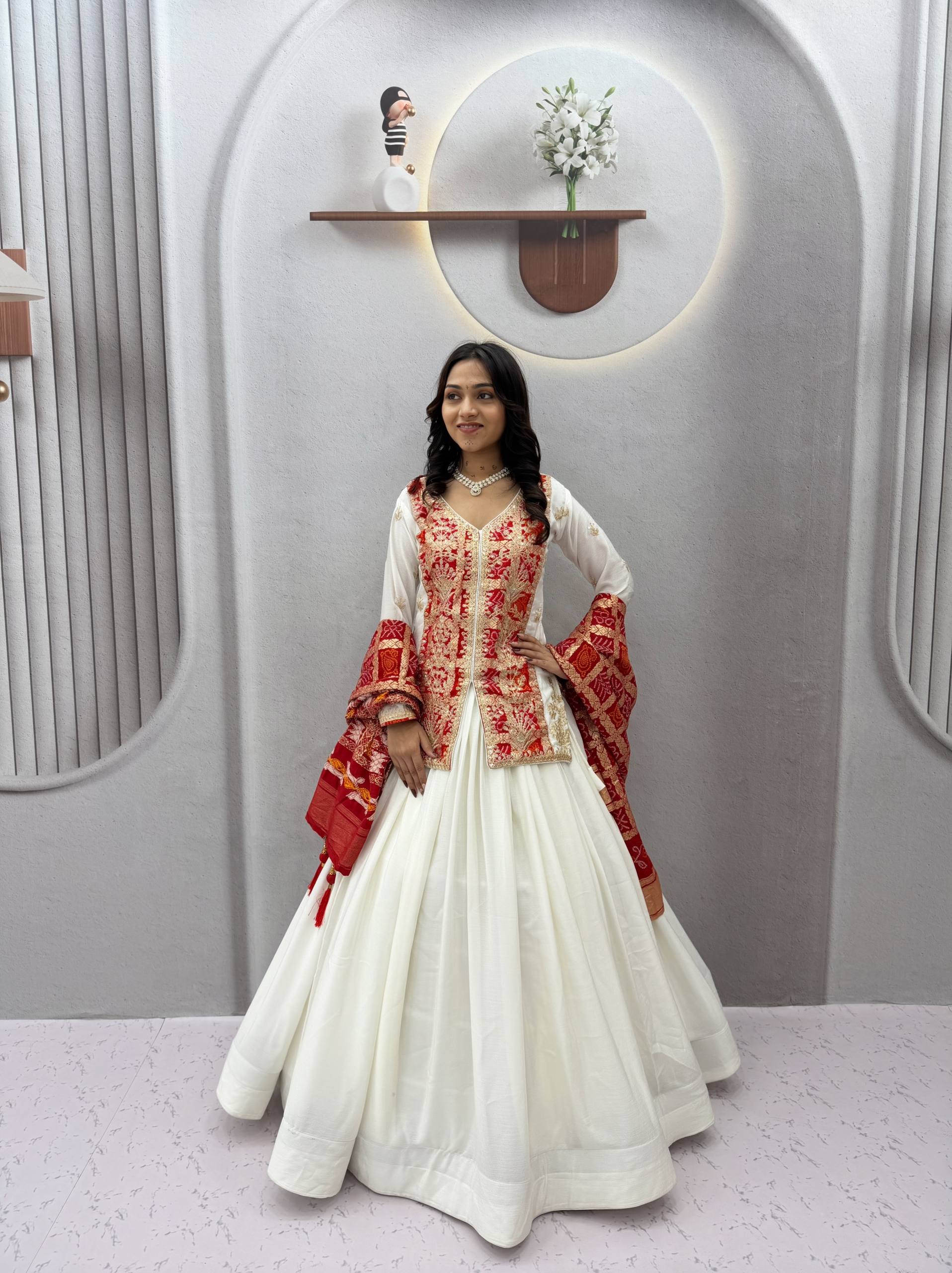 Ivory White & Red Embroidered Chinon Silk Lehenga Choli Set with Zecard Dupatta
