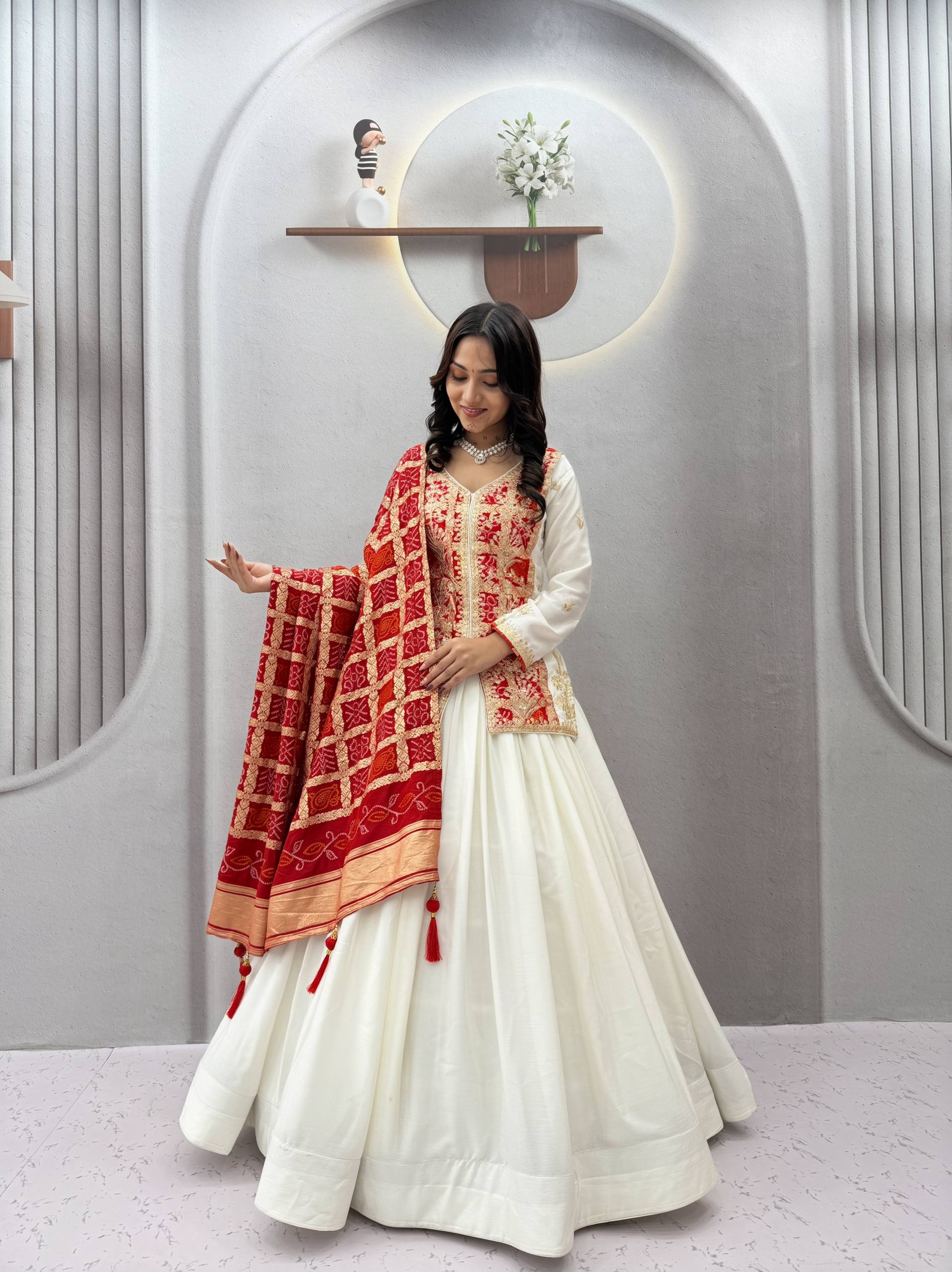 Ivory White & Red Embroidered Chinon Silk Lehenga Choli Set with Zecard Dupatta