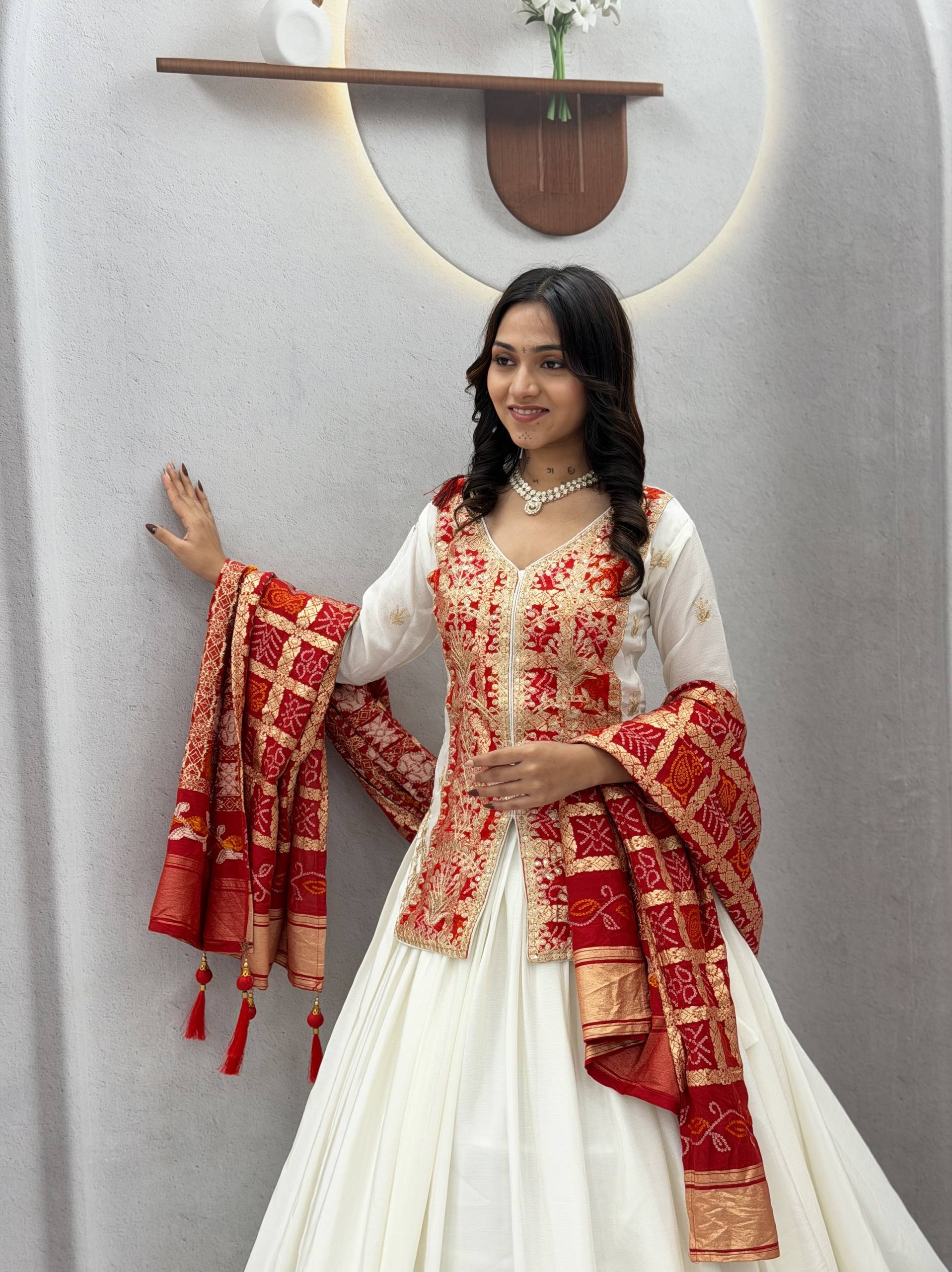 Ivory White & Red Embroidered Chinon Silk Lehenga Choli Set with Zecard Dupatta