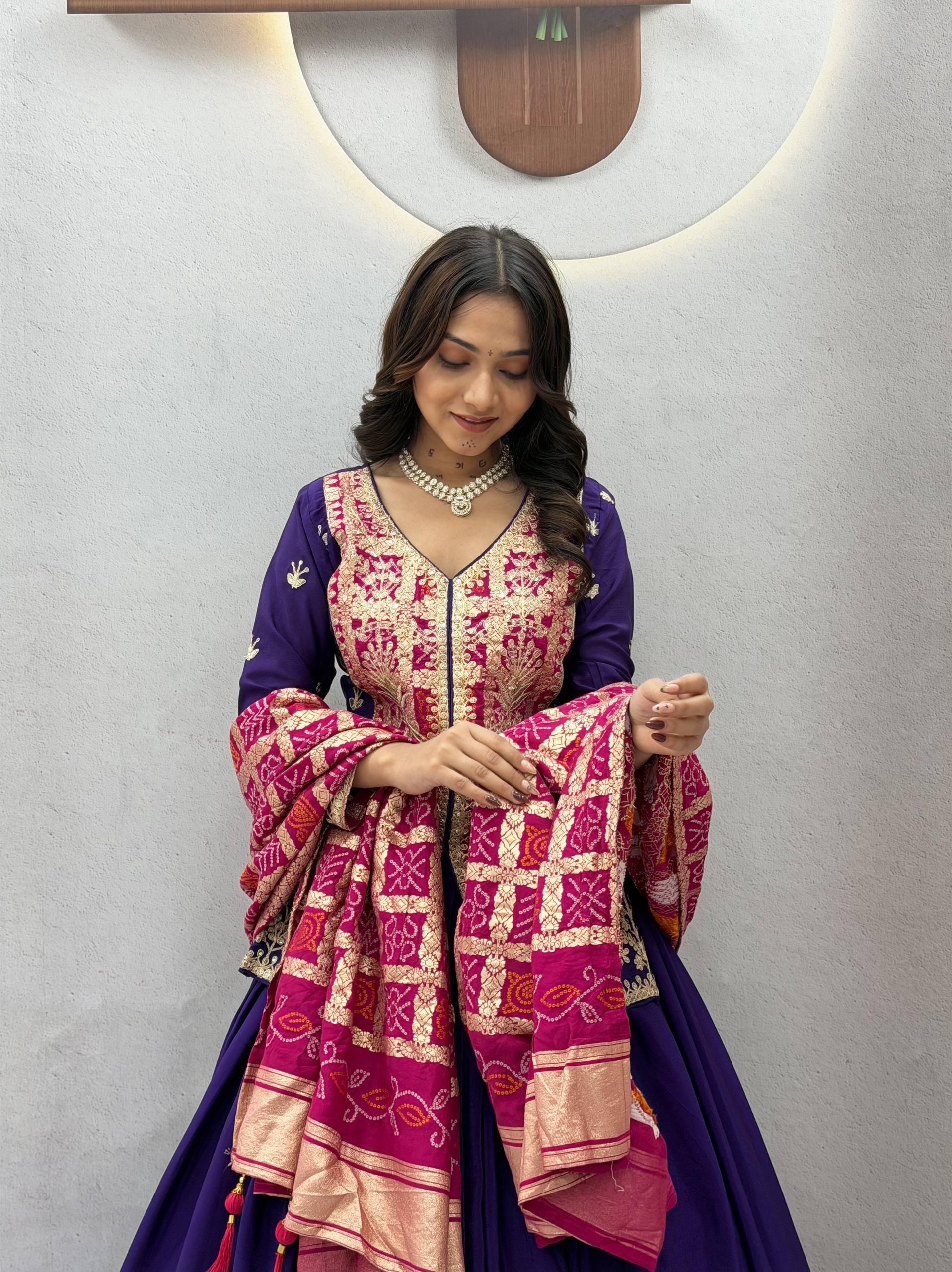 Royal Purple & Magenta Embroidered Chinon Silk Lehenga Choli Set with Zecard Dupatta