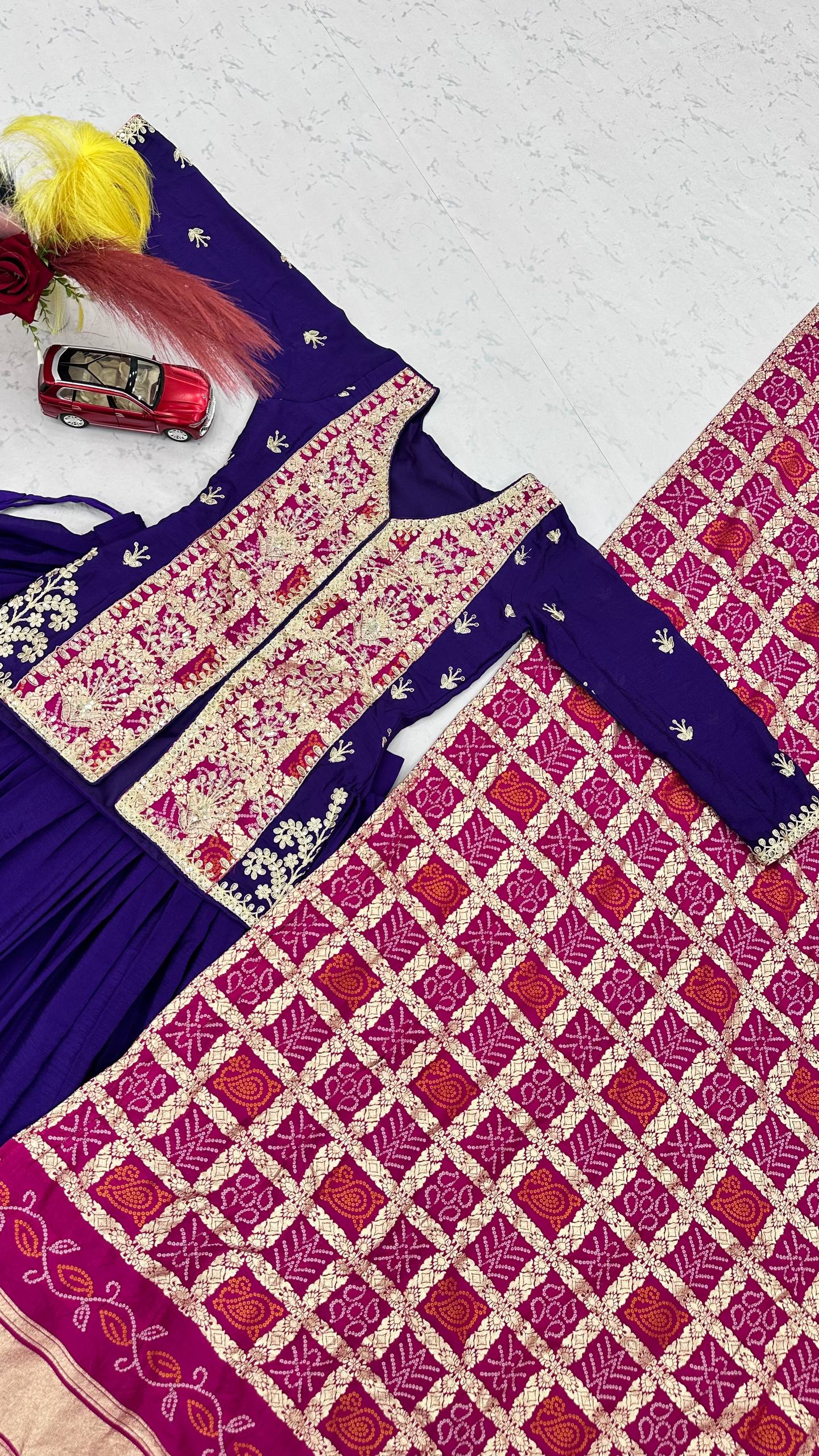 Royal Purple & Magenta Embroidered Chinon Silk Lehenga Choli Set with Zecard Dupatta