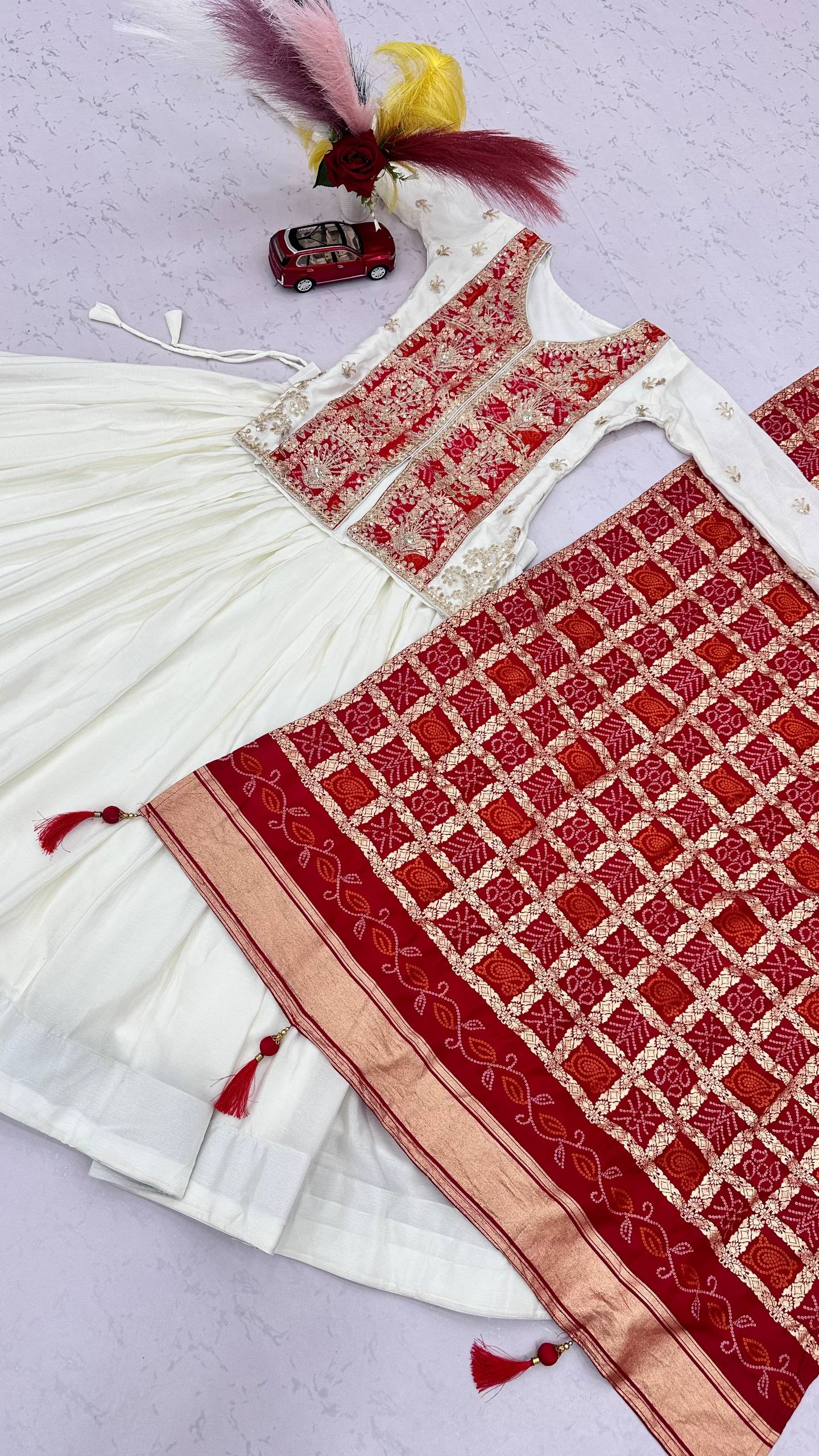 Ivory White & Red Embroidered Chinon Silk Lehenga Choli Set with Zecard Dupatta