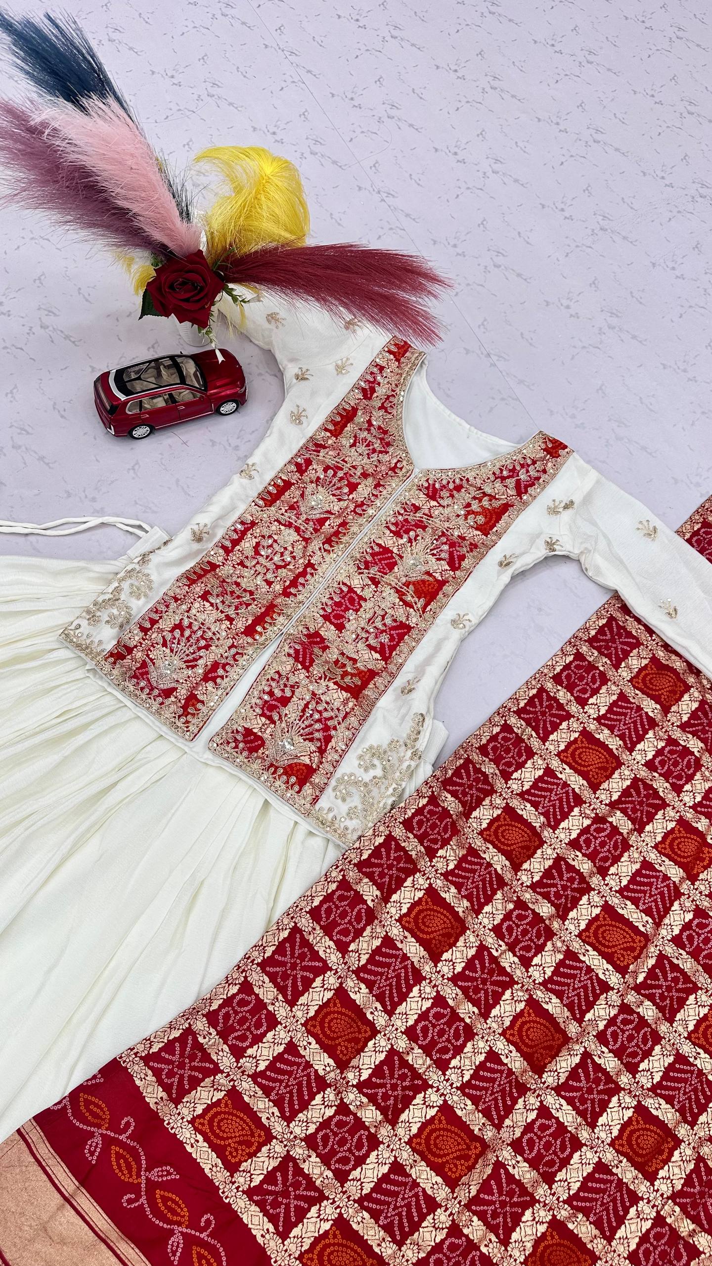 Ivory White & Red Embroidered Chinon Silk Lehenga Choli Set with Zecard Dupatta