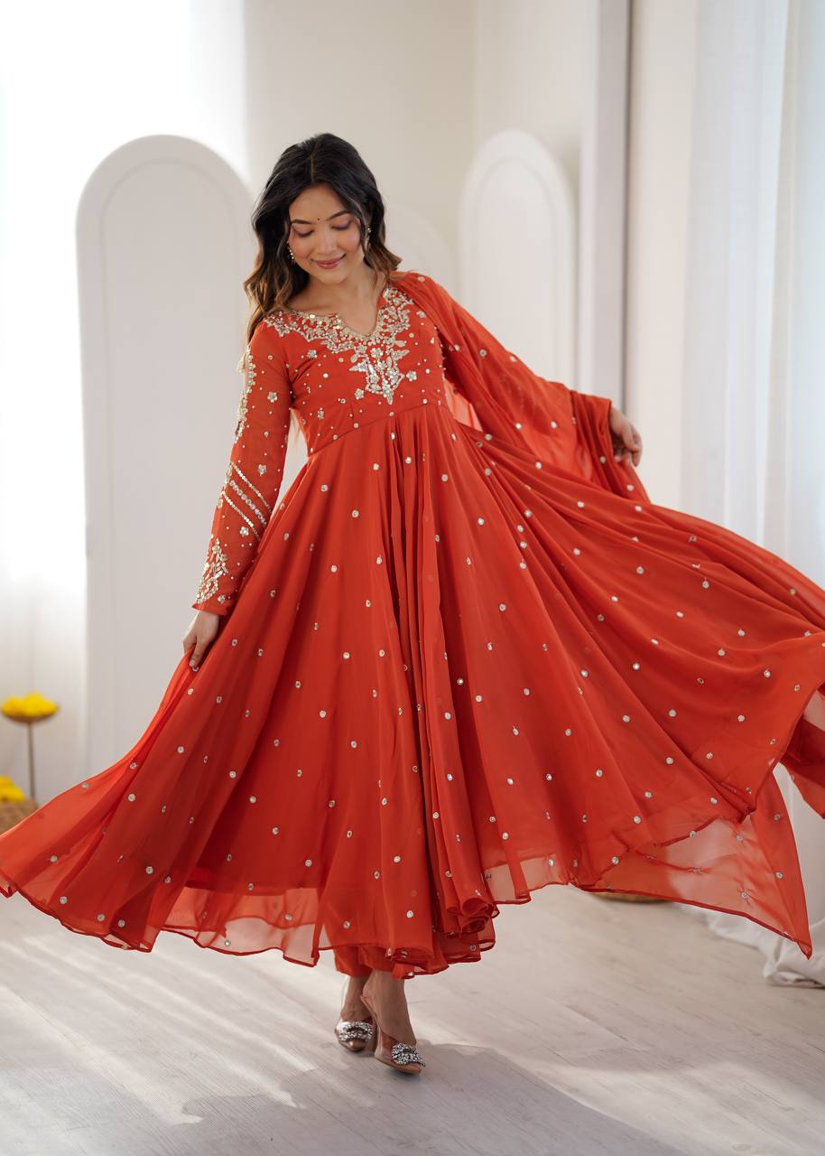 Burnt Orange Designer Faux Georgette Anarkali Gown Set with Embroidery