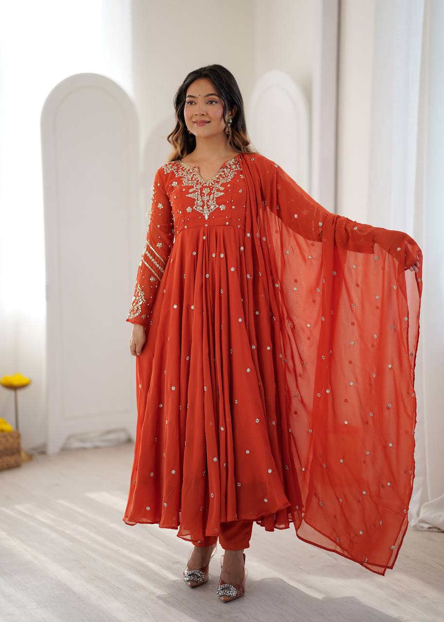 Burnt Orange Designer Faux Georgette Anarkali Gown Set with Embroidery
