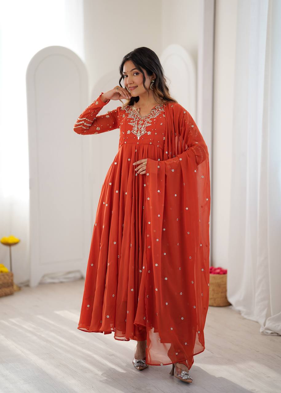 Burnt Orange Designer Faux Georgette Anarkali Gown Set with Embroidery
