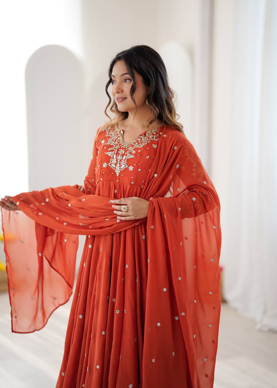 Burnt Orange Designer Faux Georgette Anarkali Gown Set with Embroidery
