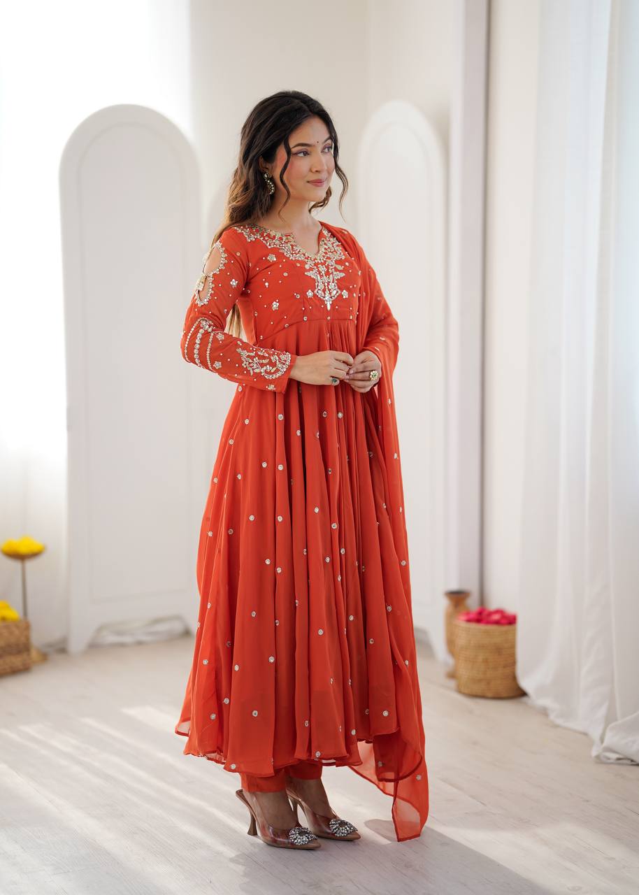 Burnt Orange Designer Faux Georgette Anarkali Gown Set with Embroidery