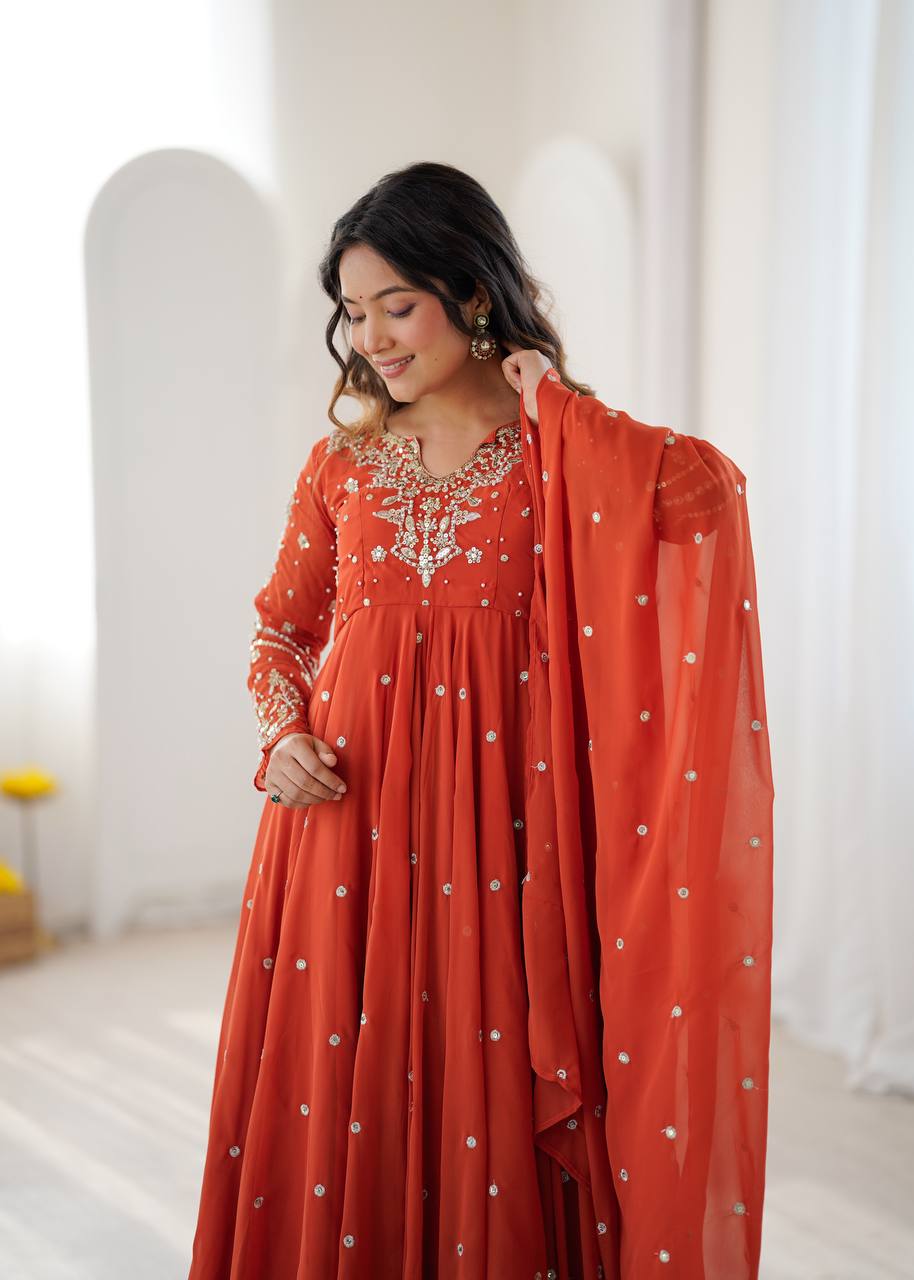 Burnt Orange Designer Faux Georgette Anarkali Gown Set with Embroidery