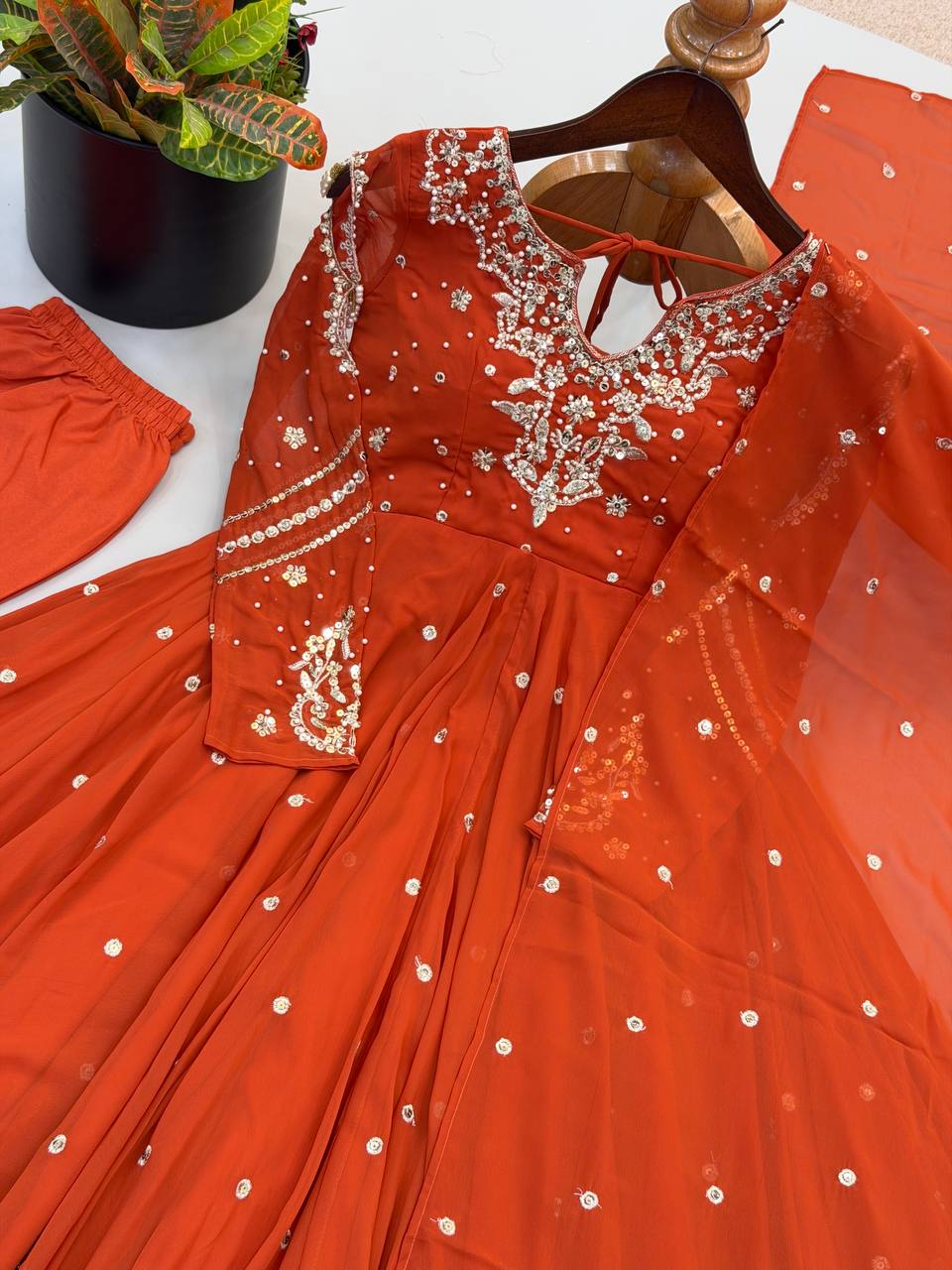 Burnt Orange Designer Faux Georgette Anarkali Gown Set with Embroidery