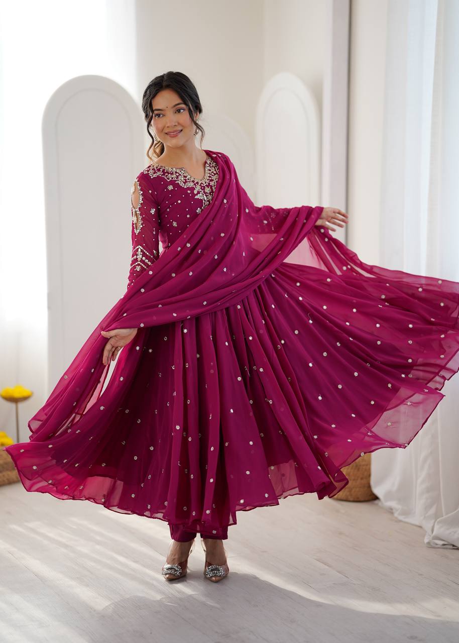 Magenta Faux Georgette Embroidered Gown with Dupatta Set