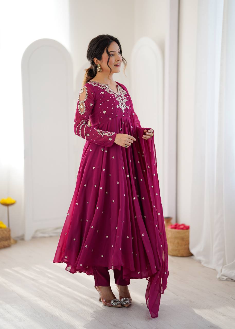 Magenta Faux Georgette Embroidered Gown with Dupatta Set