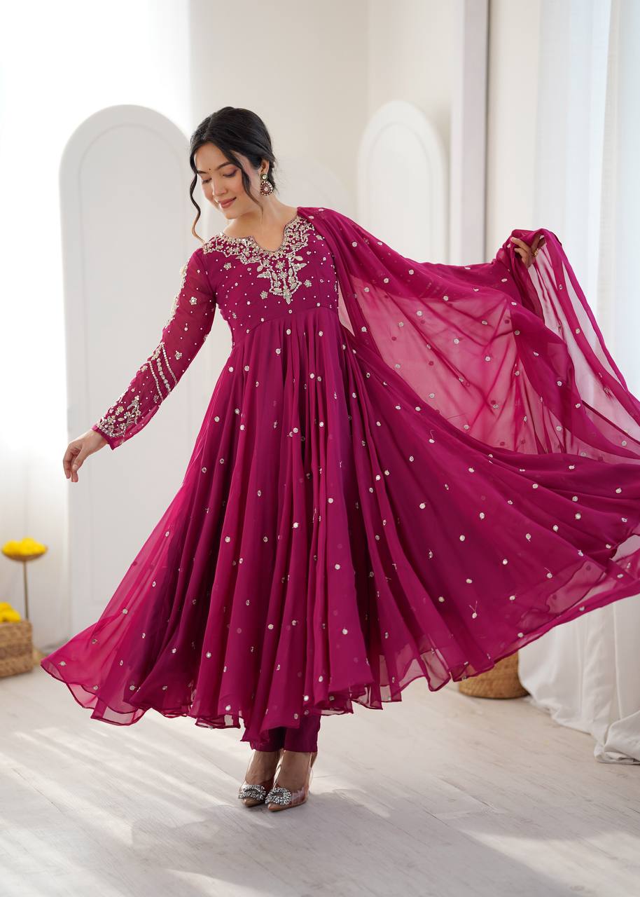 Magenta Faux Georgette Embroidered Gown with Dupatta Set