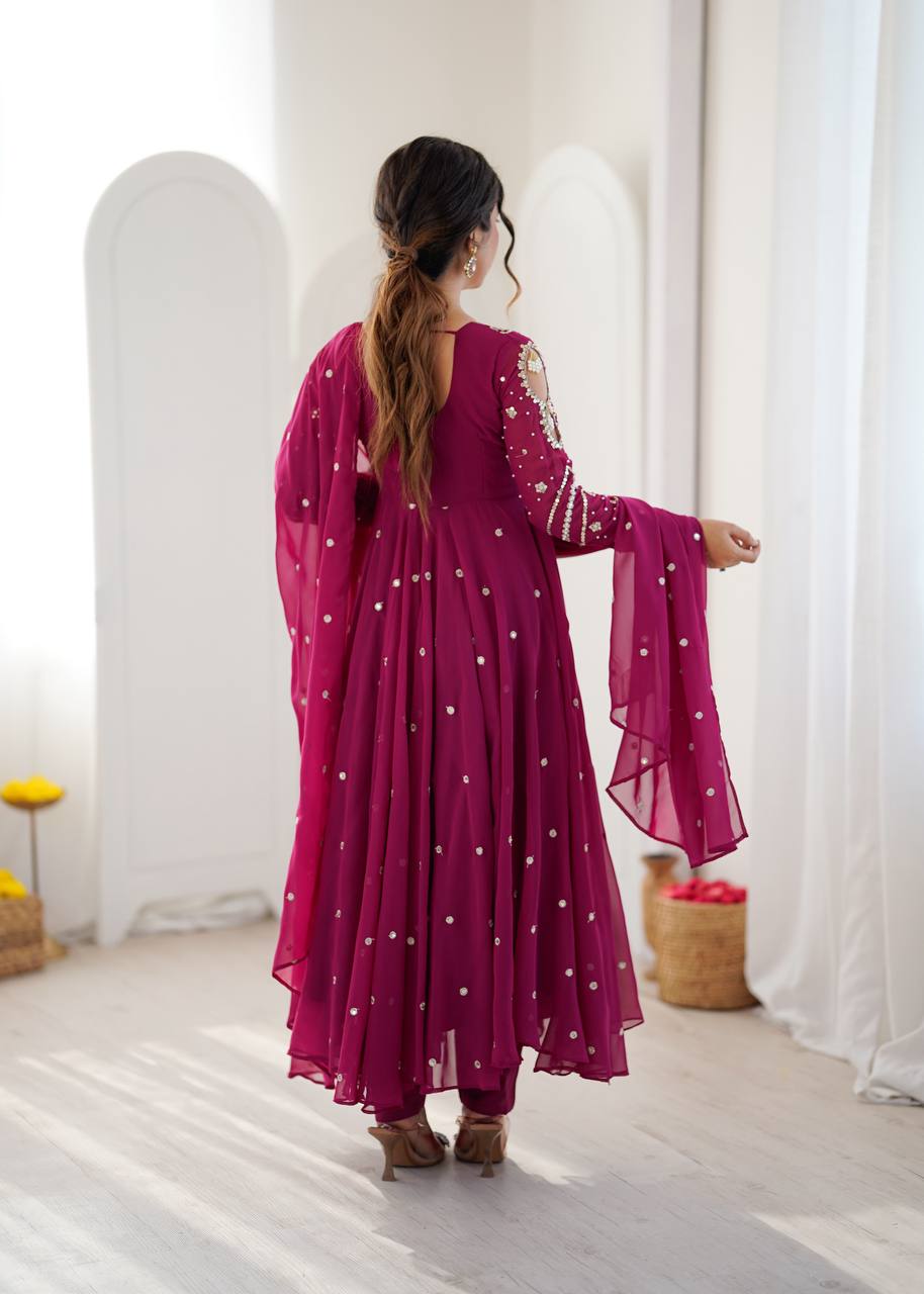 Magenta Faux Georgette Embroidered Gown with Dupatta Set