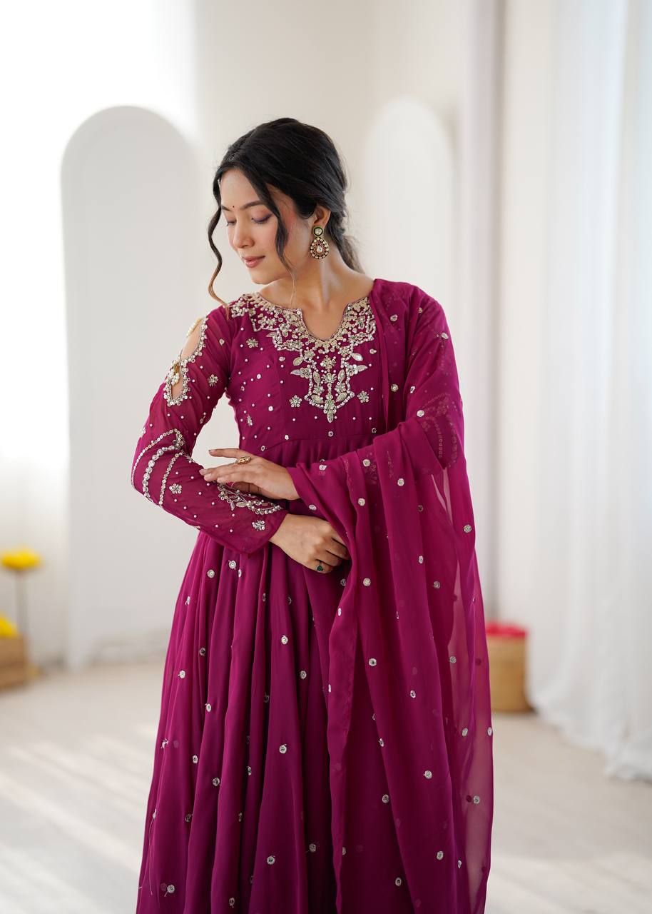 Magenta Faux Georgette Embroidered Gown with Dupatta Set