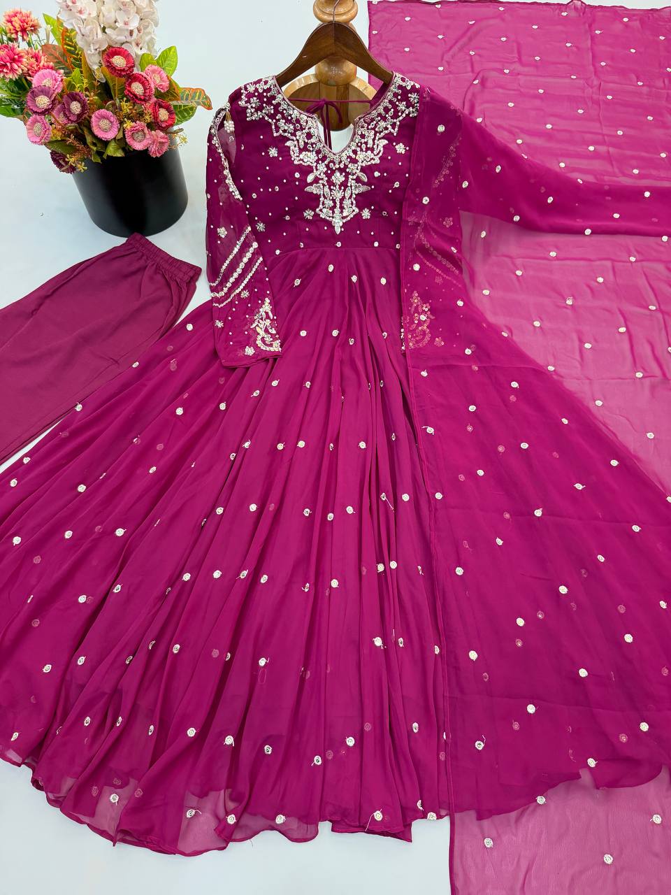Magenta Faux Georgette Embroidered Gown with Dupatta Set