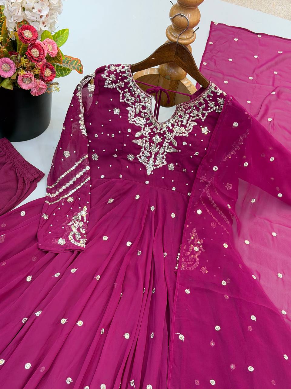 Magenta Faux Georgette Embroidered Gown with Dupatta Set